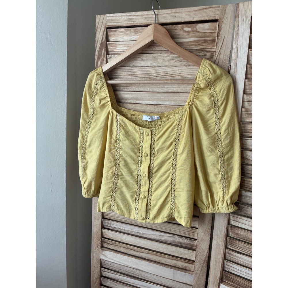 Lush Yellow Smocked Back Lace Trim Puff Sleeve Boho Blouse Top M Boho